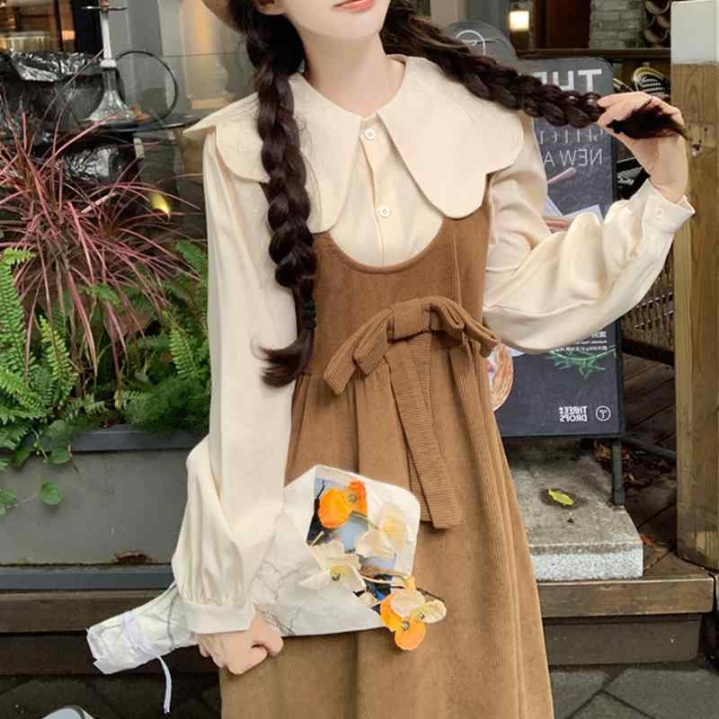 大きめサイズ レディース おしゃれ ファッション カジュアル フェミニン 上品 デート 女子会 フレンチ プレッピー ガール リボン 肩ひも スカート 人形 襟 シャツ セットアップ ドレス