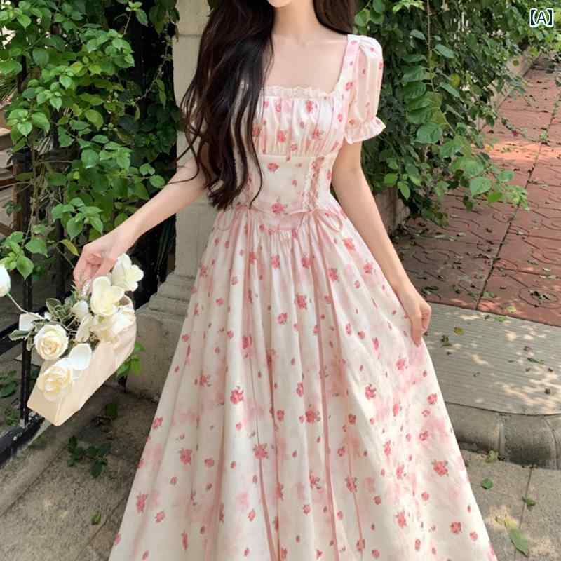 大きめサイズ レディース おしゃれ ファッション カジュアル フェミニン 上品 デート 女子会 宮殿 スクエアネック 花柄 ドレス 夏 ストラップ ウエストに 体型カバー エレガント ロング スカート