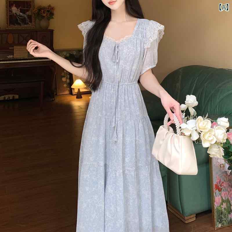 大きめサイズ レディース おしゃれ ファッション カジュアル フェミニン 上品 デート 女子会 フランス 穏やか 風 飛行 袖 花柄 ドレス 夏 少女 ウエスト スリム ロング スカート