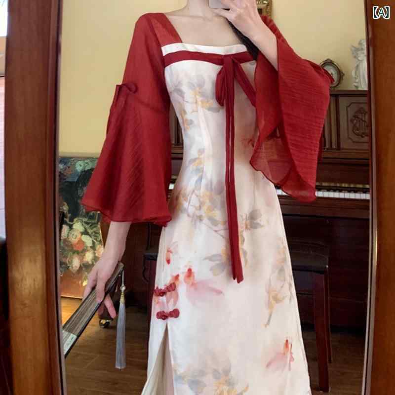 大きめサイズ レディース おしゃれ ファッション カジュアル フェミニン 上品 デート 女子会 チャイナ風 プリント スリット 日焼け防止 ベルスリーブ コントラスト ドレス 夏 スリム 体型カバー ロング スカート