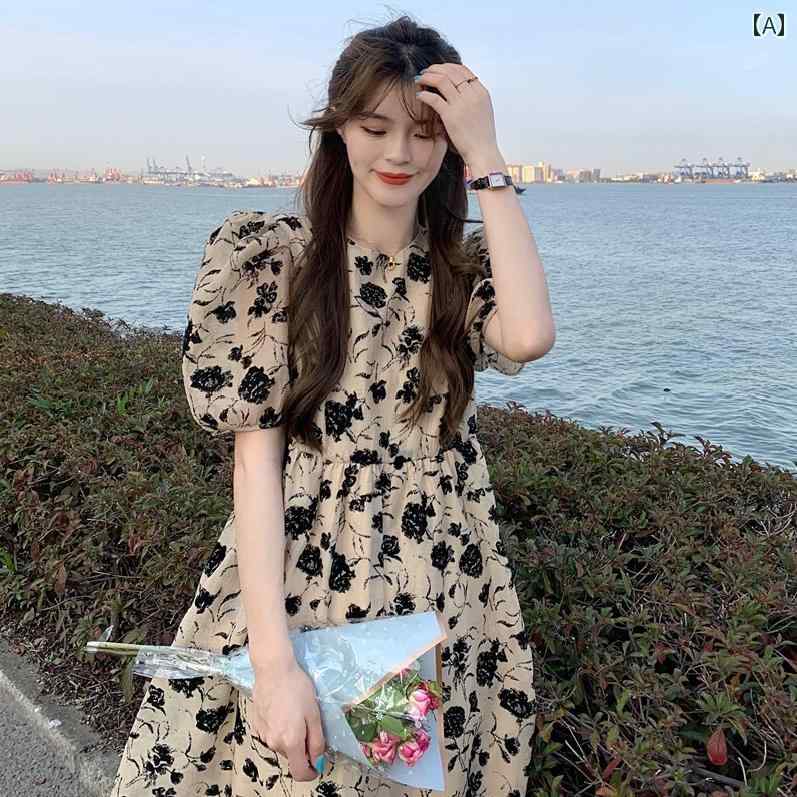 大きめサイズ レディース おしゃれ ファッション カジュアル フェミニン 上品 デート 女子会 夏 フレンチ レトロ 花柄 パフスリーブ ハイウエスト スリム 半袖 ドレス