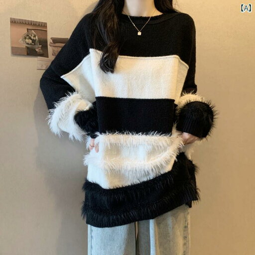 大きめサイズ レディース おしゃれ ファッション カジュアル デート 女子会 普段使い コントラスト ストライプ ファー 起毛 ニット セーター 秋冬 スリム 暖かい トップス 大きめサイズ レディース おしゃれ ファッション カジュアル デート 女子会 普段使い コントラスト ストライプ ファー 起毛 ニット セーター 秋冬 スリム 暖かい トップス
