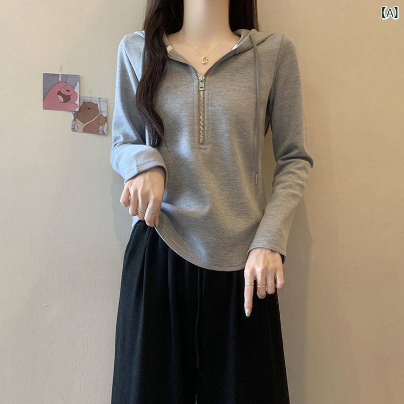 大きめサイズ レディース おしゃれ ファッション カジュアル デート 女子会 普段使い 韓国 ソリッドカラー ジッパー フード 長袖 スウェットシャツ 秋冬 スリム ショート トップス トレンディ