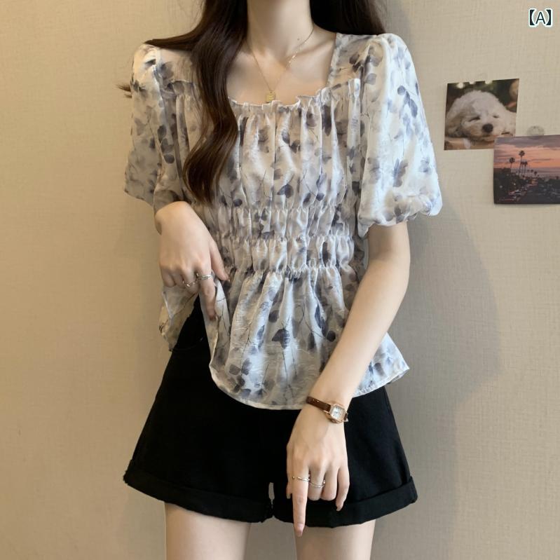 大きめサイズ レディース おしゃれ ファッション カジュアル デート 女子会 普段使い 体型カバー 右 肩 スクエアネック シャツ 夏 プリーツ ウエスト 締める パフ 半袖 シフォン 花柄 トップス