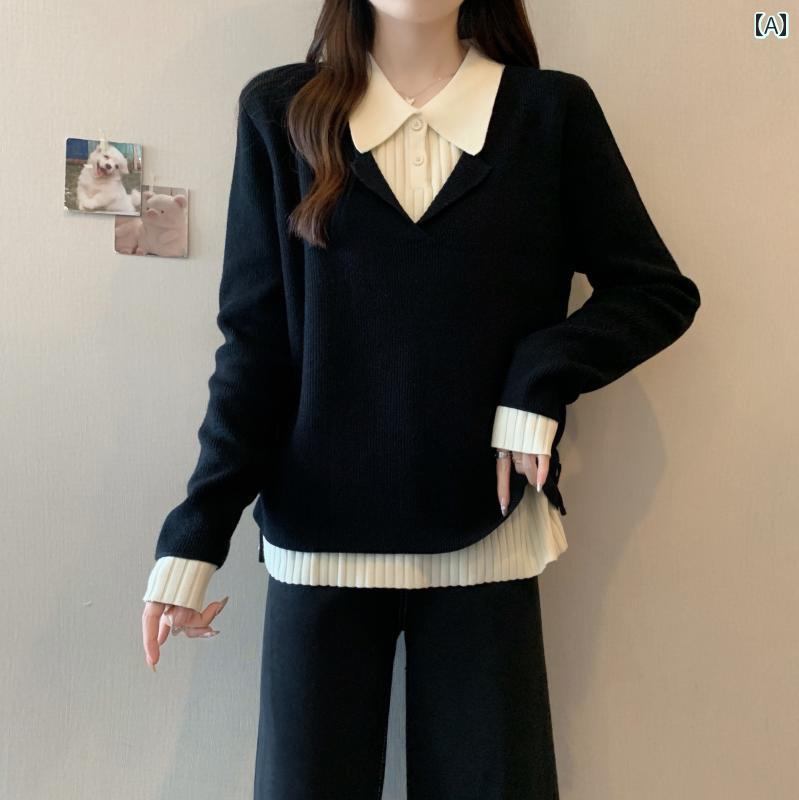 大きめサイズ レディース おしゃれ ファッション カジュアル デート 女子会 普段使い 体型カバー ポロ カラー 秋冬 フェイク セットアップ ニット セーター ぽっちゃり シャツ トップス スリムに