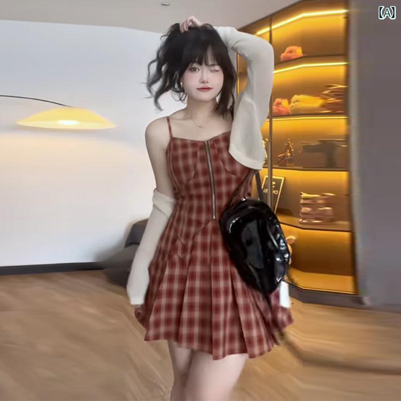 大きめサイズ レディース おしゃれ ファッション カジュアル デート 女子会 普段使い フランス チェック 肩ひも スカート 春夏 スリム ウエスト ガール セットアップ セット