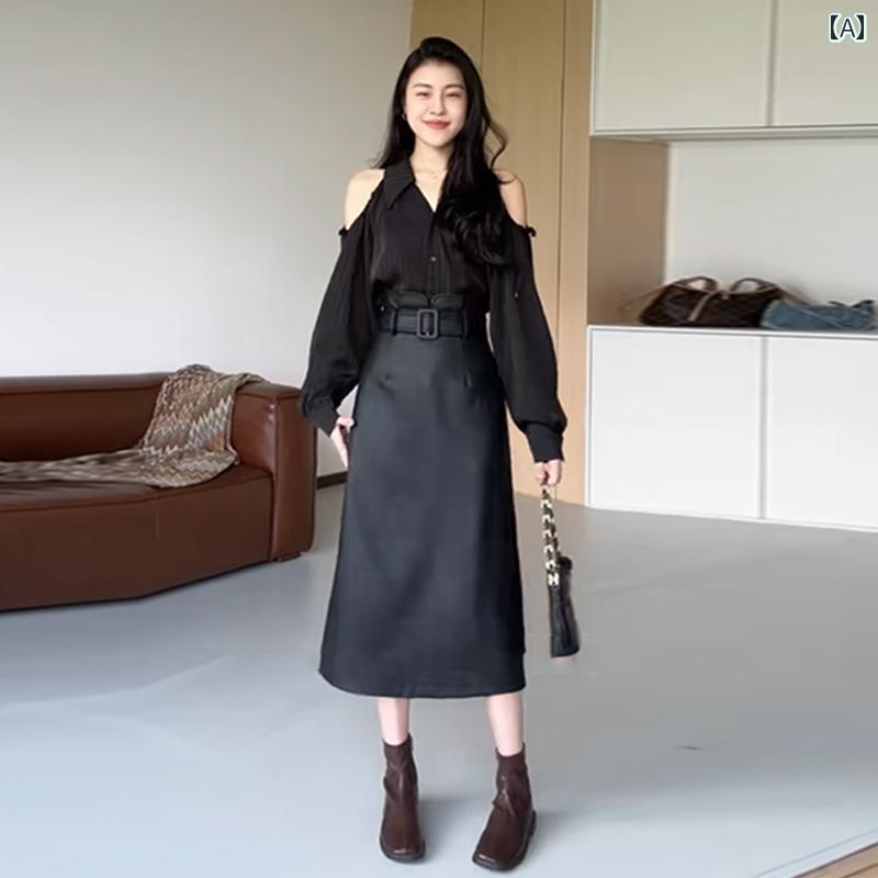 大きめサイズ レディース おしゃれ ファッション カジュアル デート 女子会 普段使い 秋冬 スカート ぽっちゃり スリム ドレープ aライン スカート レザースカート スカート