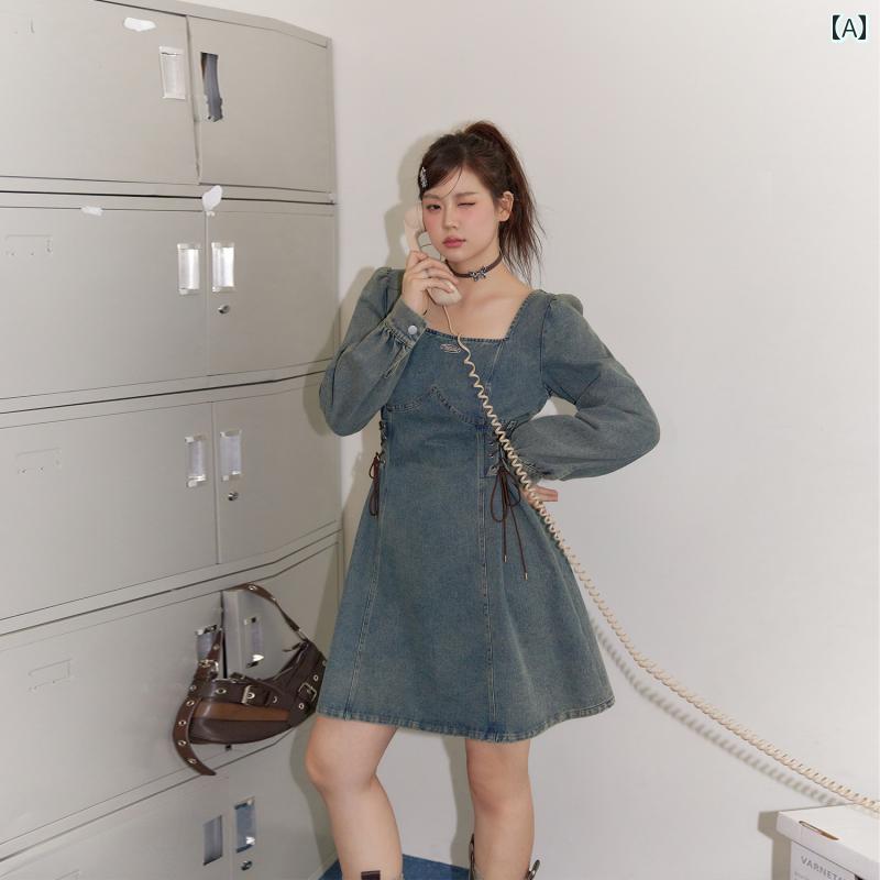 大きめサイズ レディース おしゃれ ファッション カジュアル デート 女子会 普段使い 大人 ドレス 秋 レトロ ストラップ ウエスト デニムスカート