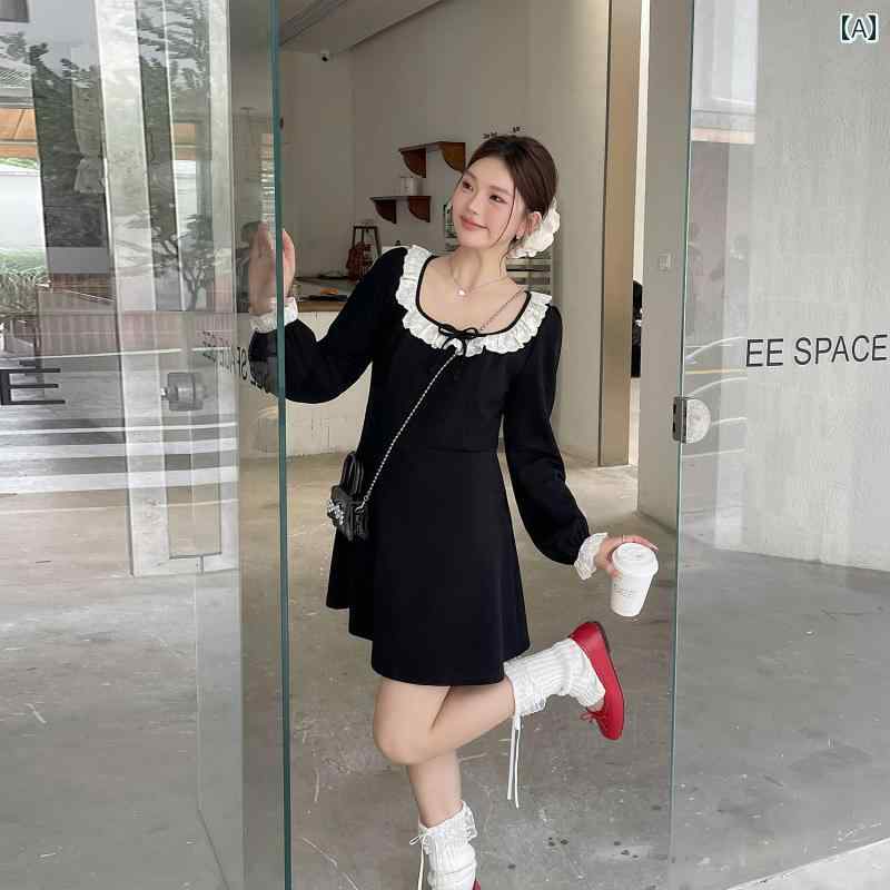 大きめサイズ レディース おしゃれ ファッション カジュアル デート 女子会 普段使い 大人 秋 婦人服 スリム リトル ブラック ドレス フランス ニット ドレス