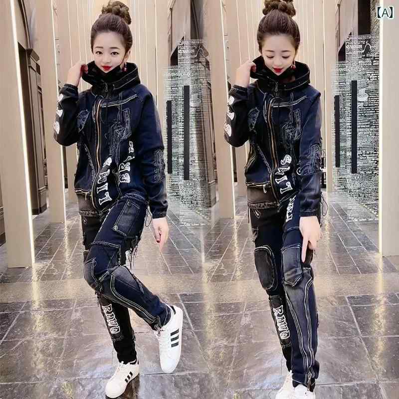 大きめサイズ レディース おしゃれ ファッション カジュアル デート 女子会 普段使い デニム 春秋 韓国 セットアップ トレンディ セット