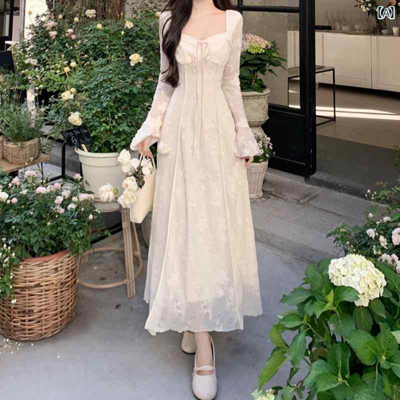大きめサイズ レディース おしゃれ ファッション 上品 エレガント フェミニン デート 女子会 普段使い フレンチ レトロ エレガント ドレス 春 スクエアネック ウエスト スリム フェアリー スカート