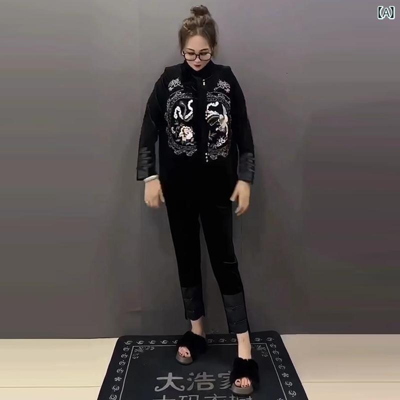 大きめサイズ レディース おしゃれ ファッション カジュアル デート 女子会 普段使い 刺繍 チャイナ風 春秋 チョッキ ベスト 風 シャツ パンツ 点