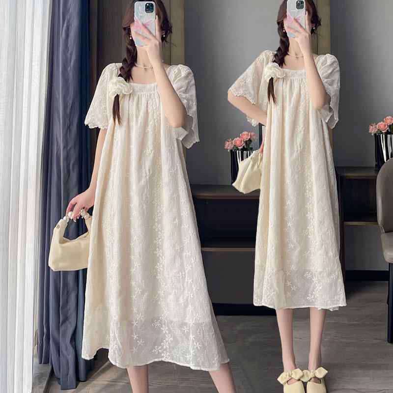 大きめサイズ レディース おしゃれ ファッション カジュアル デート 女子会 普段使い 夏 婦人服 スリム 体型カバー フレンチスクエア ネック レース 刺繍 ドレス ホリデー 膝上 ロング スカート