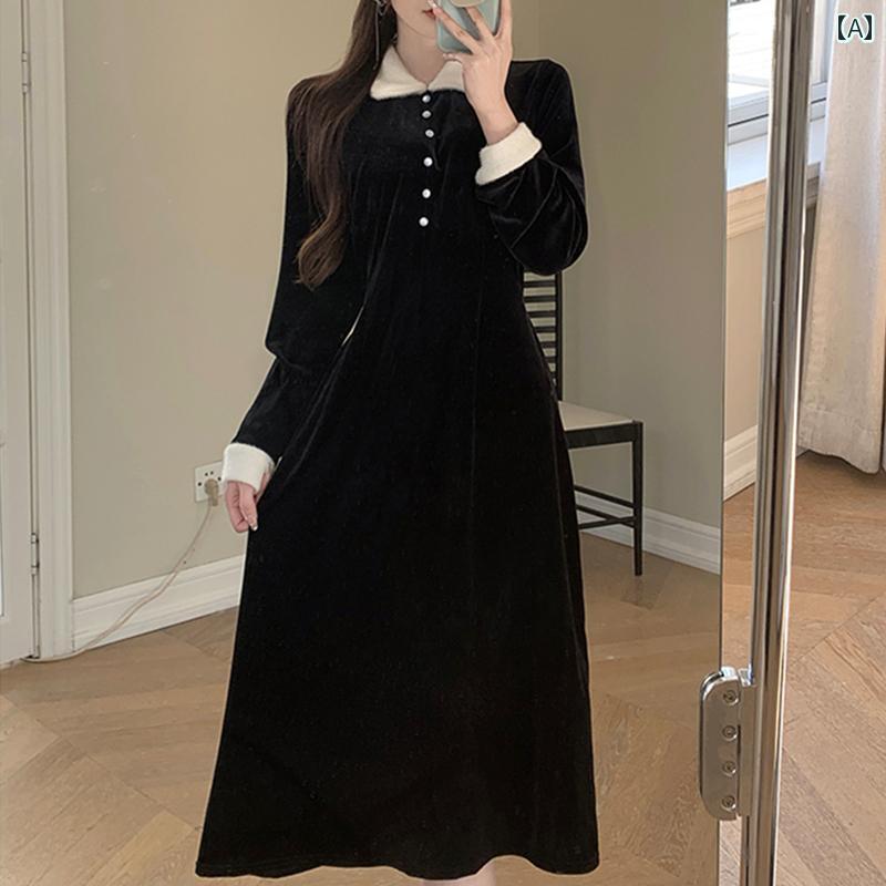 大きめサイズ レディース おしゃれ ファッション 上品 フェミニン デート 女子会 普段使い スリム 気まぐれ ぽっちゃり 秋冬 フランス レトロ 人形 襟 コントラスト 起毛 ドレス スリム 気まぐれ aライン リトル ブラック スカート