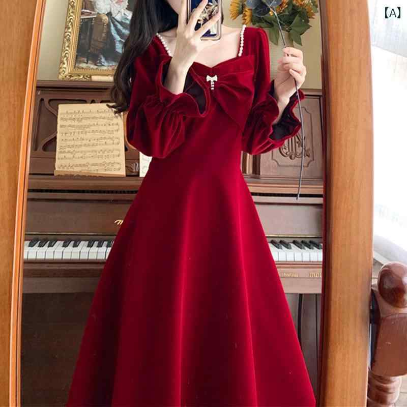 大きめサイズ レディース おしゃれ ファッション 上品 フェミニン デート 女子会 普段使い フランス 赤 婚約 ホーム ドレス ビーズ リボン エレガント ドレス 着る