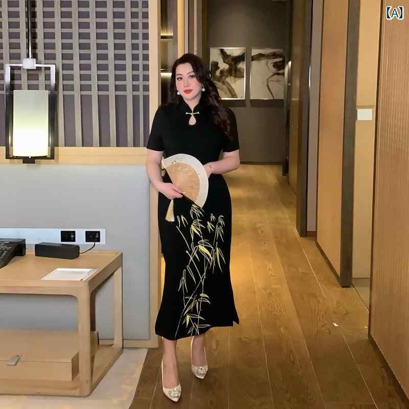 大きめサイズ レディース おしゃれ ファッション上品 フェミニン デート 女子会 普段使い 夏 チャイナ風 刺繍 黒 チャイナ ドレス