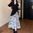 大きめサイズ レディース おしゃれ ファッション カジュアル 上品 フェミニン ワンピース デート 女子会 普段使い スカート 夏 チャイナ風 フランス ウエスト スリム 花柄 不規則 ドレス