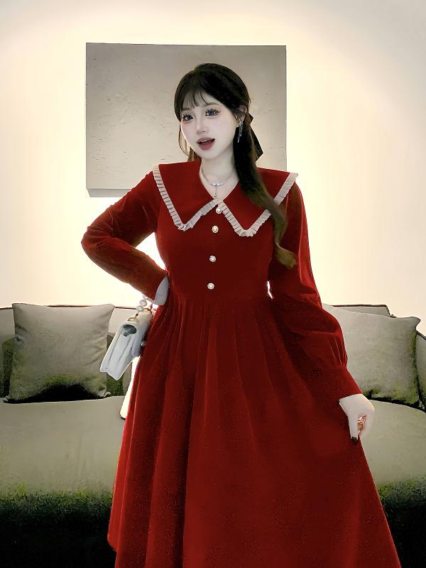 大きめサイズ レディース おしゃれ ファッション カジュアル デート 女子会 普段使い 秋 レトロ レッド 婚約 ドレス フレンチ 起毛 ドレス