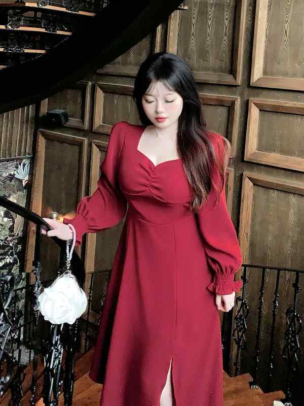 大きめサイズ レディース おしゃれ ファッション カジュアル デート 女子会 普段使い 秋 フレンチ レッド ドレス ドレス ウエスト スリム 婚約 ドレス