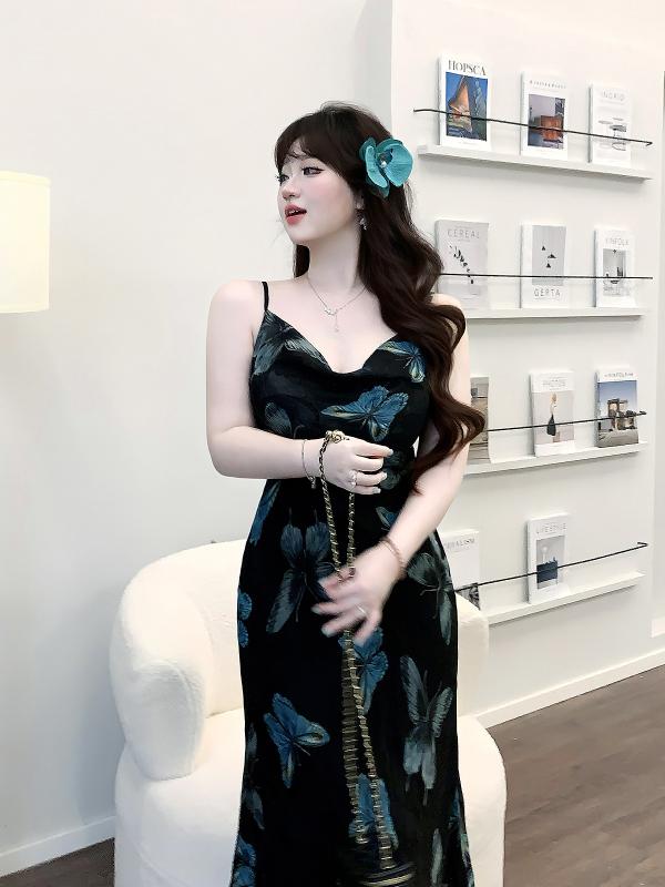 大きめサイズ レディース おしゃれ ファッション カジュアル デート 女子会 普段使い フレンチ バタフライ 肩ひも ドレス