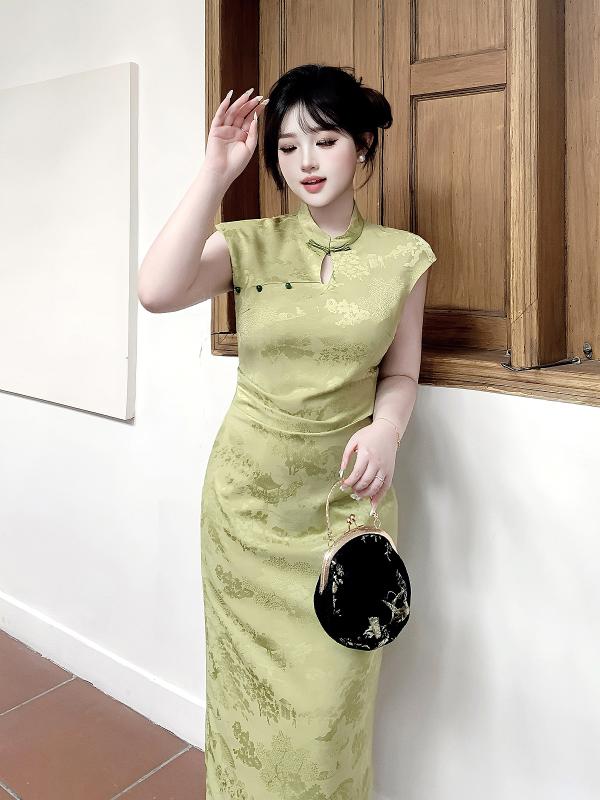 大きめサイズ レディース おしゃれ ファッション カジュアル デート 女子会 普段使い チャイナ風 美白 チャイナ ドレス トレンド グリーン スリム ジャカード ドレス