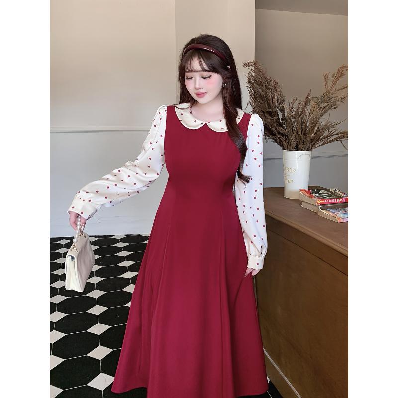 大きめサイズ レディース おしゃれ ファッション カジュアル 上品 フェミニン ワンピース デート 女子会 普段使い 小柄 秋 フランス ロング ドレス 赤 ドット 丈 人形 襟 ドレス