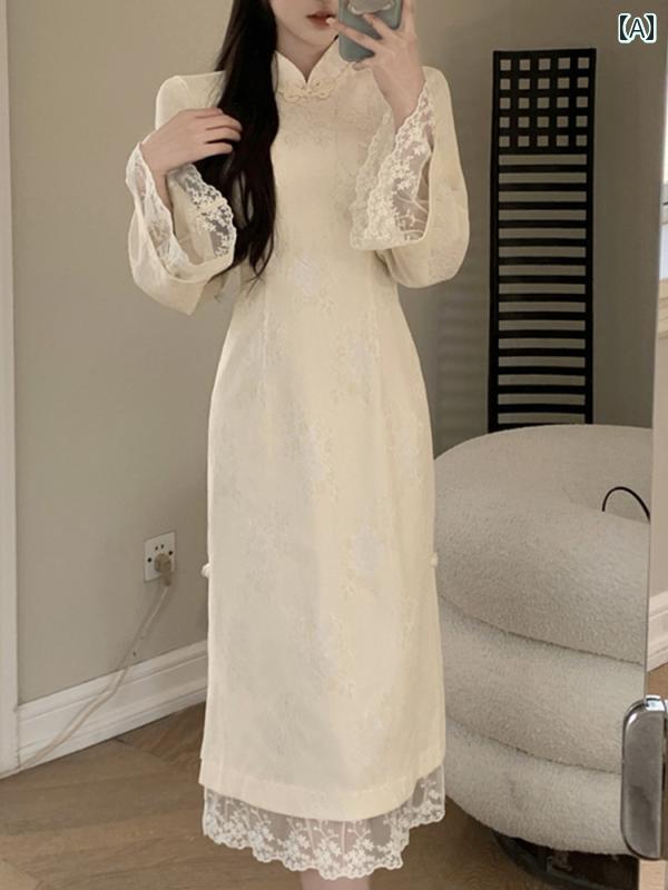 大きめサイズ レディース おしゃれ ファッション カジュアル 上品 フェミニン デート 女子会 普段使い チャイナ風 チャイナ ドレス ロング スカート 春秋 スリム シック 美しく 優しく トランペット 長袖 ドレス