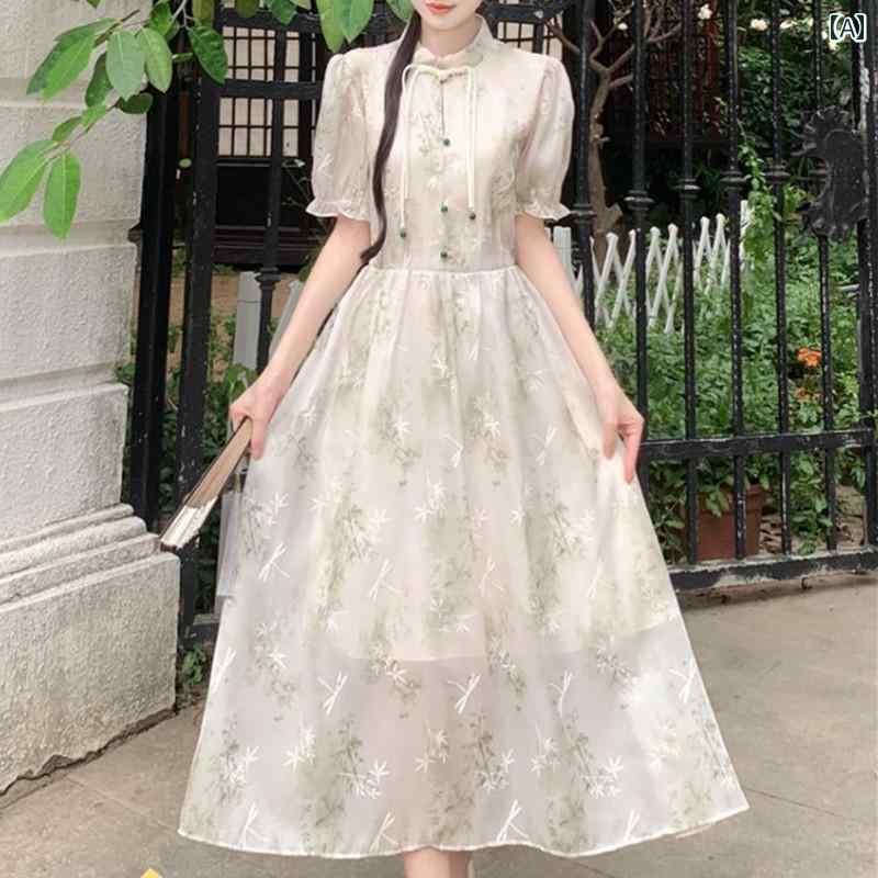 大きめサイズ レディース おしゃれ ファッション カジュアル 上品 フェミニン デート 女子会 普段使い チャイナ風 バックル タッセル チャイナ ドレス 夏 優しい 刺繍 花柄 ドレス 初恋