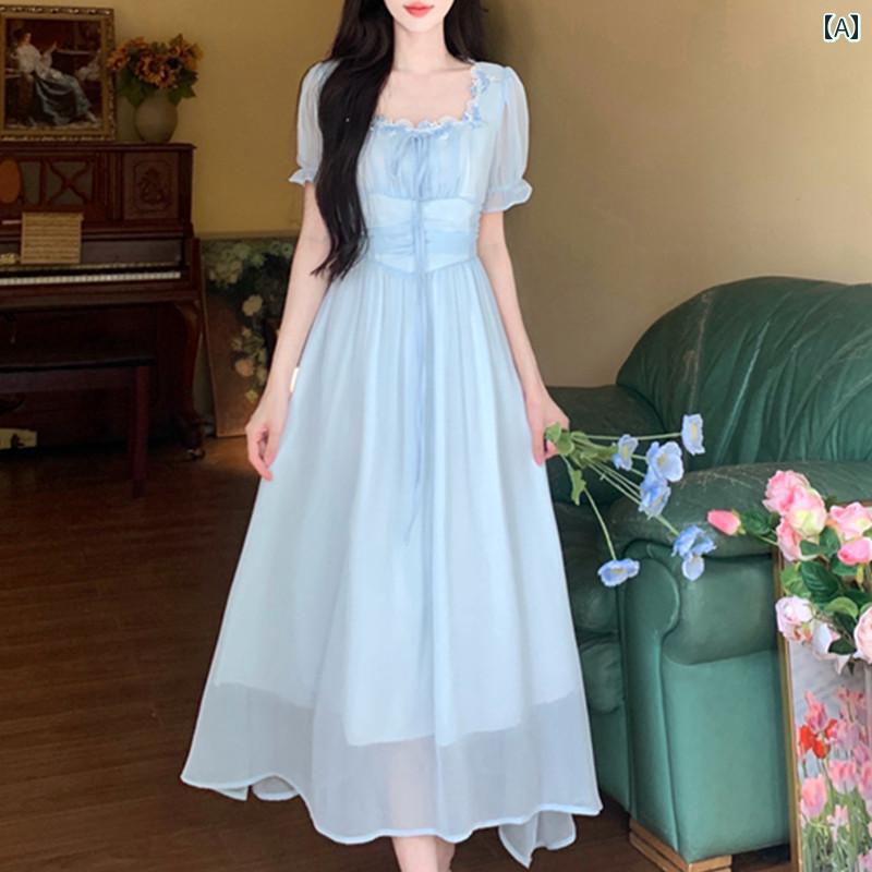大きめサイズ レディース おしゃれ ファッション カジュアル 上品 フェミニン デート 女子会 普段使い フレンチスクエア ネック パフスリーブ フェアリー ドレス 夏 初恋 ウエスト プリンセス ロング スカート