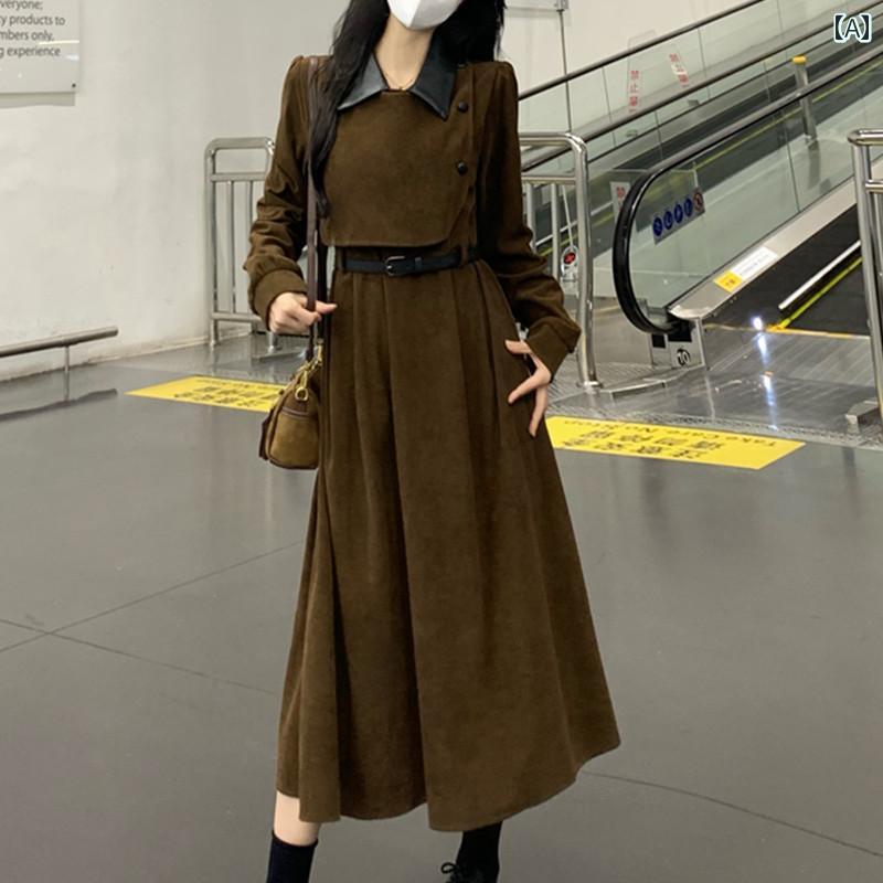 大きめサイズ レディース おしゃれ ファッション カジュアル 上品 フェミニン デート 女子会 普段使い フレンチ レトロ フェイク セットアップ キキョウ ドレス 秋冬 ファッション ウエスト コーデュロイ ロング スカート