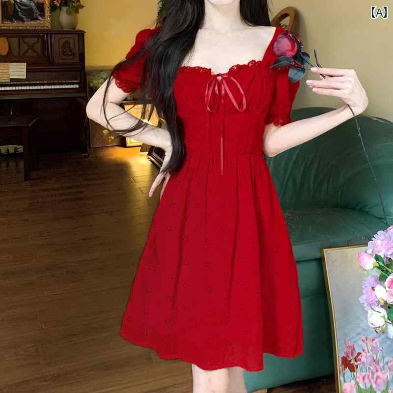 大きめサイズ レディース おしゃれ ファッション カジュアル 上品 フェミニン デート 女子会 普段使い フレンチ レトロ スクエアネック パフスリーブ レッド ドレス 夏 体型カバー スリム 刺繍 aライン スカート
