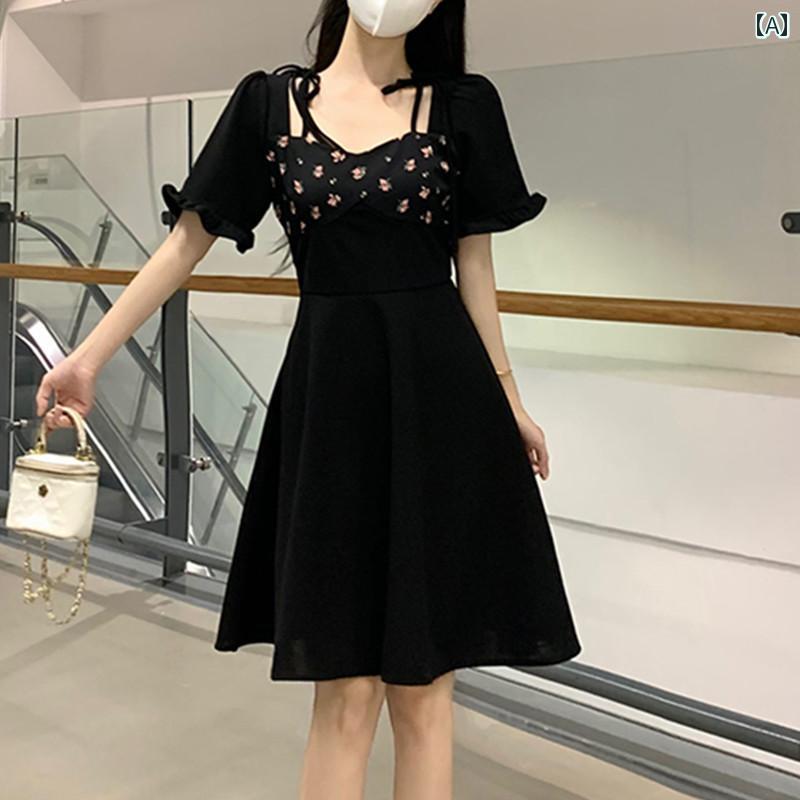 大きめサイズ レディース おしゃれ ファッション カジュアル 上品 フェミニン デート 女子会 普段使い ティーブレイク フレンチスクエア ネック ドレス 夏 体型カバー スリムに リトル ブラック ドレス