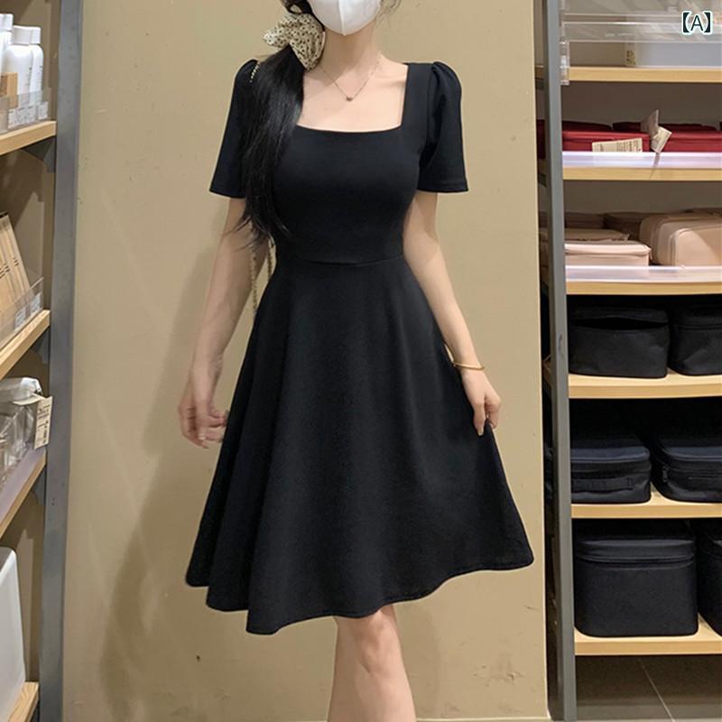 大きめサイズ レディース おしゃれ ファッション カジュアル 上品 フェミニン デート 女子会 普段使い フレンチ レトロ ヘボン スクエアネック ブラック ドレス 夏 肌 カバー スリム スリミング リトル ブラック ドレス