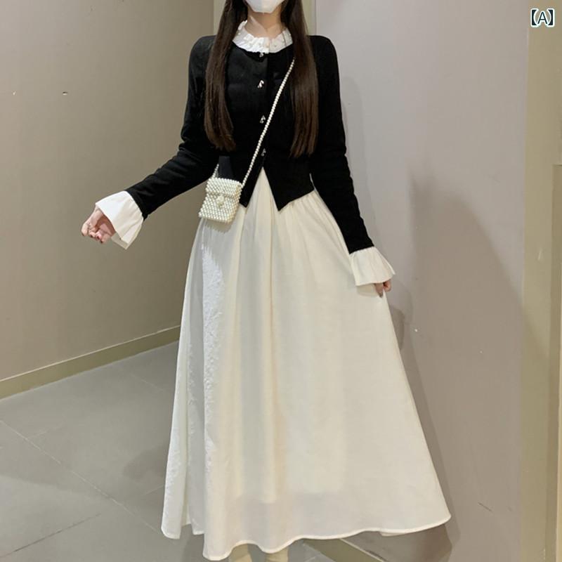 大きめサイズ レディース おしゃれ ファッション カジュアル 上品 フェミニン デート 女子会 普段使い 春秋冬 優しい フェイク セットアップ ドレス フレンチ インナー aライン プリンセス ドレス