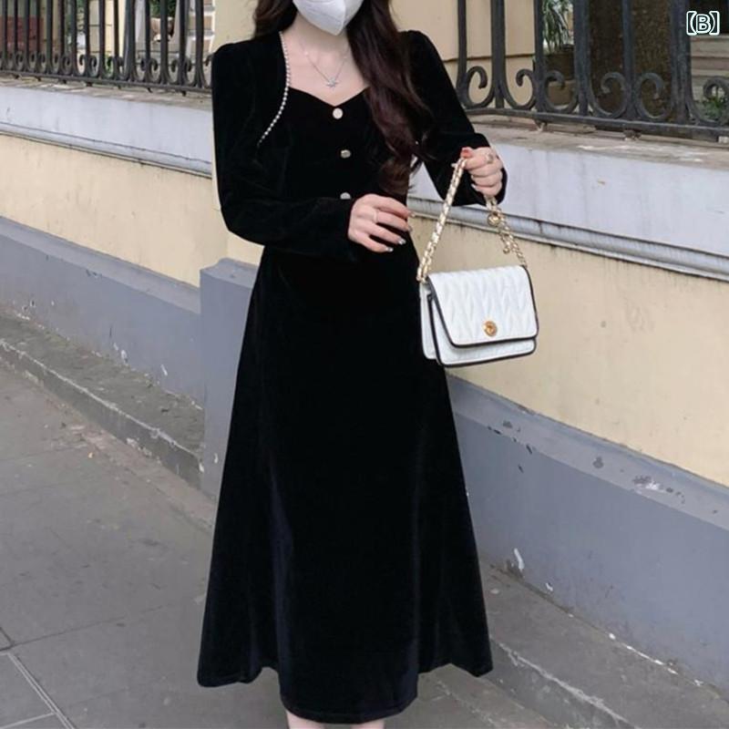 大きめサイズ レディース おしゃれ ファッション カジュアル 上品 フェミニン デート 女子会 普段使い フレンチ レトロ ヘボン 風 ブラック 起毛 ドレス 秋冬 フィッシュテール スカート体型カバー 着痩せ ロング スカート