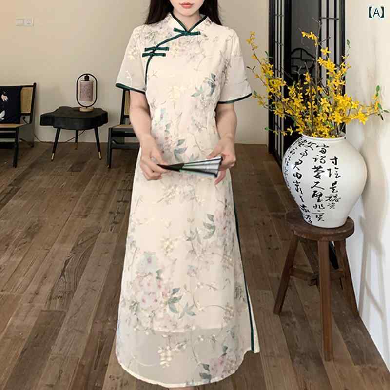 大きめサイズ レディース おしゃれ ファッション カジュアル 上品 フェミニン デート 女子会 普段使い チャイナ風 デイリー ガール アオザイ チャイナ ドレス 夏 優しい スリム 花柄 ドレス