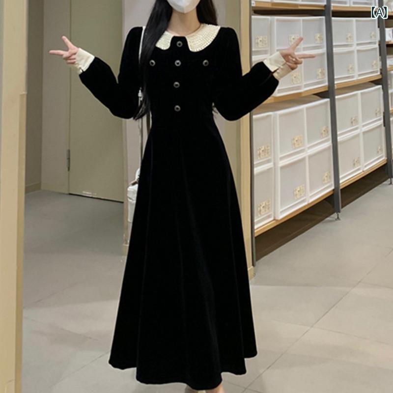 大きめサイズ レディース おしゃれ ファッション カジュアル 上品 フェミニン デート 女子会 普段使い フランス レトロ ビーズ 人形 襟 起毛 ドレス 秋冬 美しい リトル ブラック ドレス