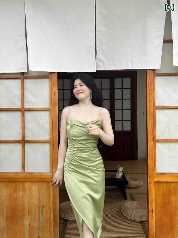 大きめサイズ レディース おしゃれ ファッション カジュアル 上品 フェミニン デート 女子会 普段使い ドレス 夏新 フレンチ サテン スイング カラー 不規則 スリット シンプル 肩ひも スカート