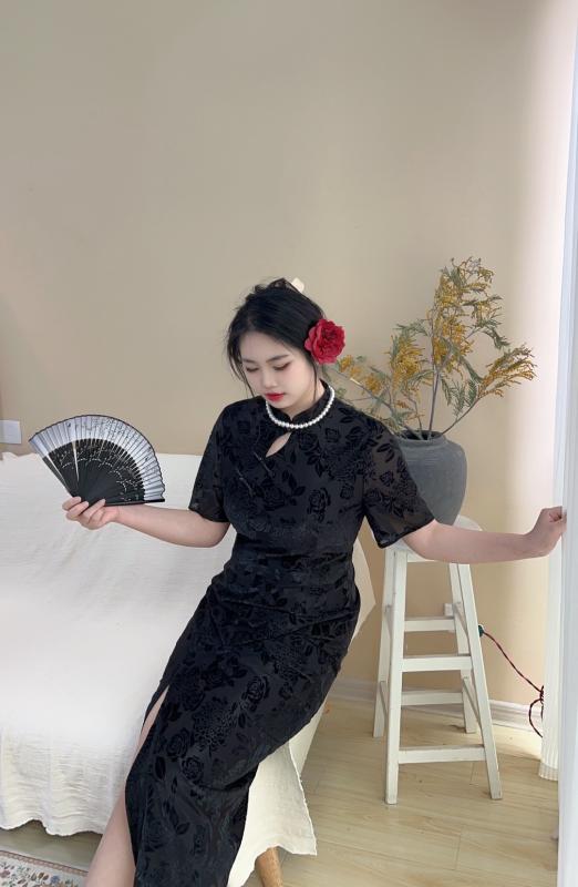 大きめサイズ レディース おしゃれ ファッション カジュアル 上品 フェミニン パーティー デート 女子会 普段使い レトロ スリム 中国 チャイナ ドレス 起毛 花