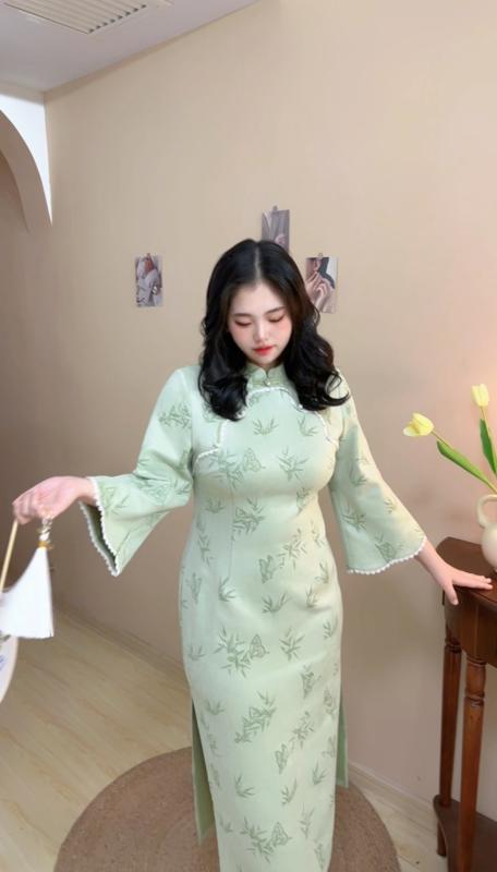大きめサイズ レディース おしゃれ ファッション カジュアル 上品 フェミニン デート 女子会 普段使い フレッシュ 竹 葉 優しい スリム チャイナ ドレス 冬