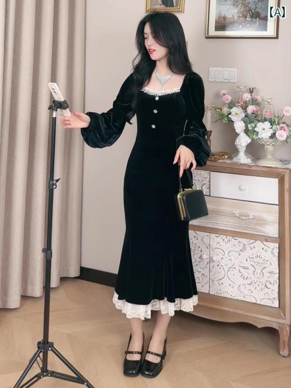 大きめサイズ レディース おしゃれ ファッション カジュアル 上品 フェミニン デート 女子会 普段使い 婦人服 レトロ 優しい 起毛 スリム 長袖 ドレス フィッシュテール スカート 秋冬