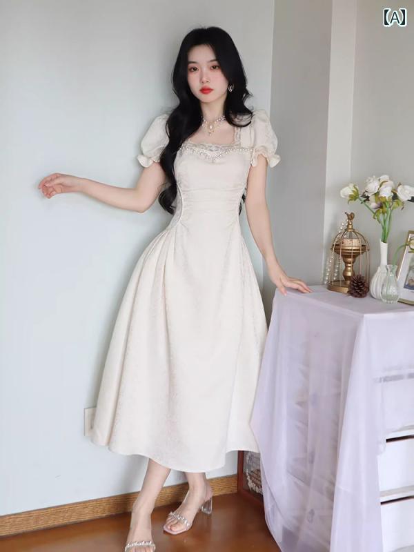 大きめサイズ レディース おしゃれ ファッション カジュアル 上品 フェミニン デート 女子会 普段使い スリム フランス 宮殿 ロング スカート 夏 白 半袖 ドレス