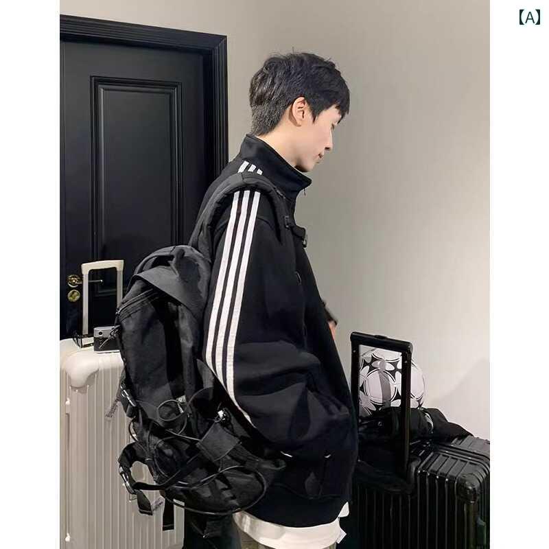 大きめサイズ メンズ スウェット カジュアル おしゃれ ファッション ぽっちゃり 大 アメリカン レトロ 3 ストライプ カーディガン シャツ レディース 冬 スタンドカラー ジャケット