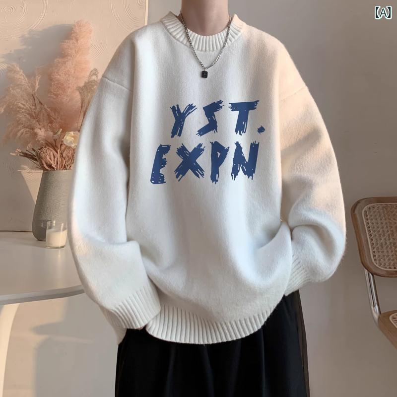 大きめサイズ メンズ トップス カジュアル おしゃれ ファッション ぽっちゃり アメリカン レター プリント セーター 冬 レディース バーガンディィ ラウンドネック ニット