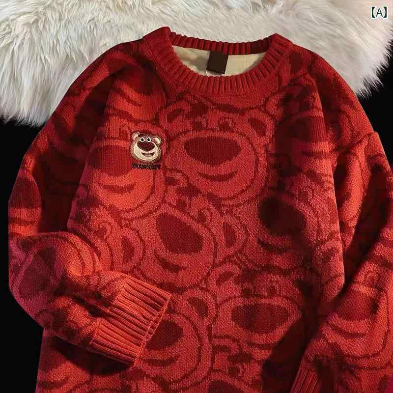 大きめサイズ メンズ トップス カジュアル おしゃれ ファッション ぽっちゃり 新年 バーガンディィ ラウンドネック セーター レディース 冬 イチゴ クマ ニット セーター