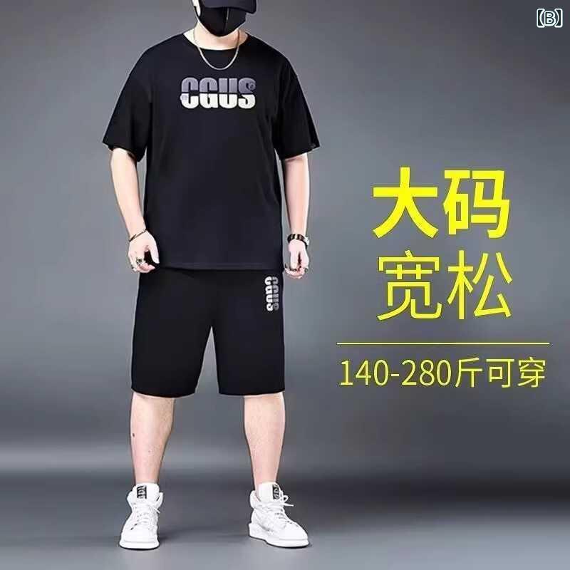 大きめサイズ メンズ セットアップ カジュアル 黒 Tシャツ ショートパンツ ズボン 全身 ぽっちゃり 半袖 トレンディ 紳士服