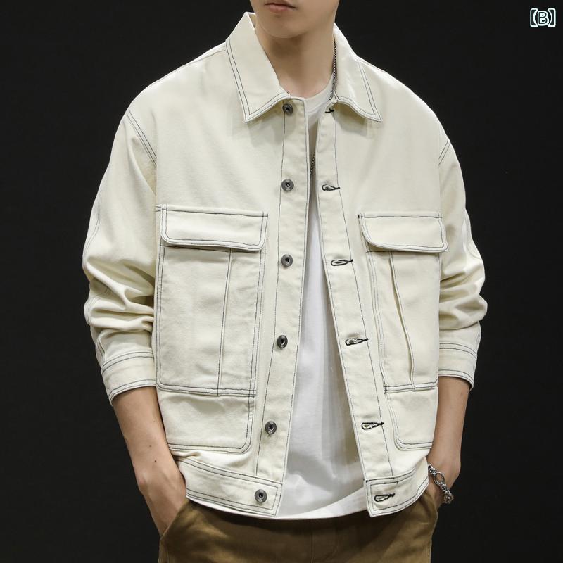 大きめサイズ メンズ アウター カジュアル おしゃれ ファッション オフ ホワイト デニム ジャケット 春秋 トレンド ワーク ジャケット
