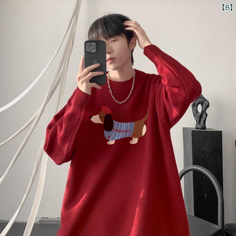 大きめサイズ メンズ トップス カジュアル おしゃれ ファッション ぽっちゃり ドーベル 犬 プリント セーター レディース 冬 ラウンドネック ニット ジャケット