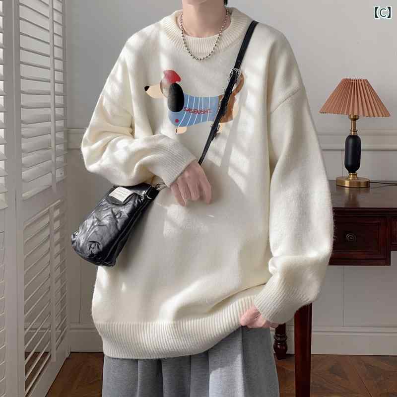 大きめサイズ メンズ トップス カジュアル おしゃれ ファッション ぽっちゃり ドーベル 犬 プリント セーター レディース 冬 ラウンドネック ニット ジャケット