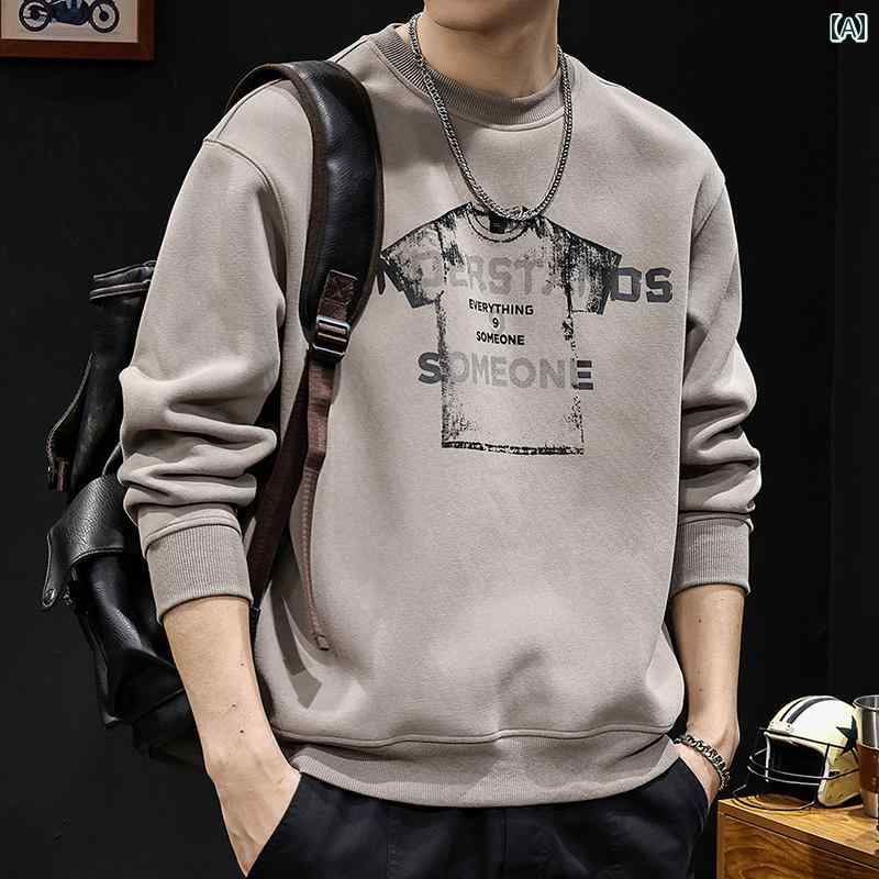 大きめサイズ メンズ トップス カジュアル おしゃれ ファッション ラウンドネック トレンディ プリント スウェットシャツ 紳士服 秋冬 長袖